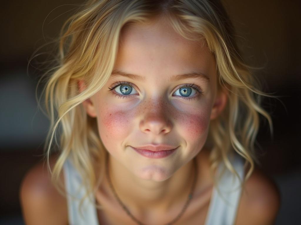 The image features a young female subject with light blonde hair styled in loose, tousled waves. She has a fair skin tone with noticeable freckles on her cheeks. Her large, bright blue eyes engage directly with the viewer, showcasing a soft expression. The composition captures her head and shoulders, placing her slightly off-center, while warm, diffused lighting creates a gentle glow on her face, adding depth and warmth to the overall aesthetic. The background is softly blurred, emphasizing her features and giving the image an intimate feel.