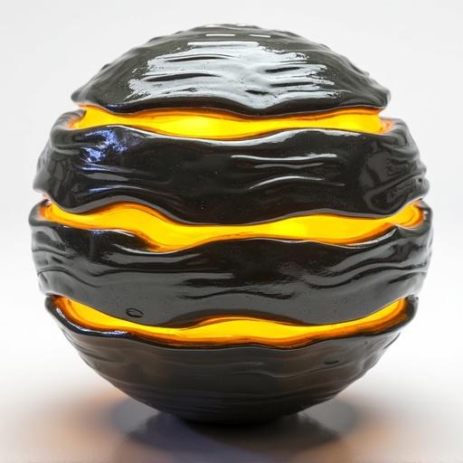 Spherical three-dimensional object with glossy dark surface. Numerous wavy horizontal bands of bright yellow. Yellow bands glow and vary in width. Object is highly reflective with even lighting.