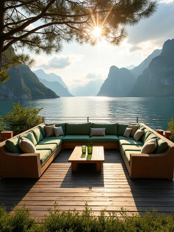 Outdoor seating area on wooden deck. Stunning view of lake surrounded by steep mountains. Framed by large pine tree branches. Sunlight casts golden glow and dramatic rays in the sky. Soft blue and white sky with scattered clouds at sunset. Shimmering water reflects light in blue and gold. L-shaped wooden sofas with muted green cushions and patterned throw pillows. Wicker armchairs with matching cushions. Rectangular wooden coffee table with green bottles and books. Weathered wooden planks and lush green shrubs. Energy rich with tranquility and relaxation.
