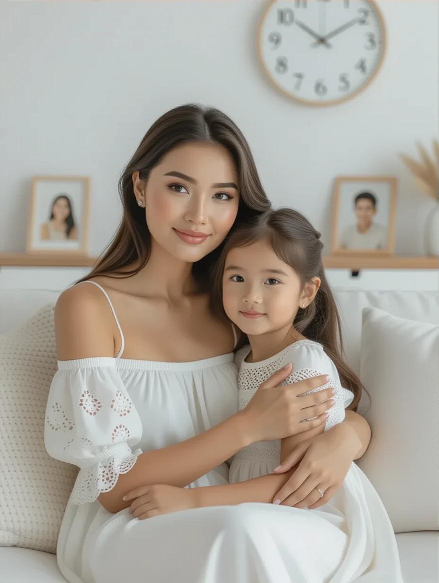 A young beautiful woman dressed elegantly hugs her 5-year-old daughter. They sit comfortably on a sofa in a stylish white room. The background shows family photos and a modern wall clock. The woman gazes directly at the camera.