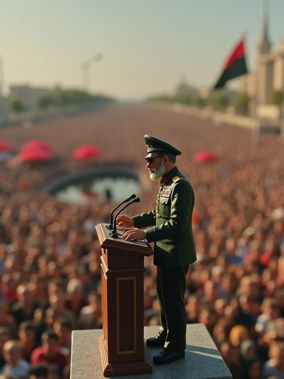 A scale model figure representing Libyan leader Muammar Gaddafi stands at a podium addressing a large crowd. He wears a detailed military uniform, sunglasses, and is in a charismatic pose. The setting depicts a rally in Tripoli with Libyan flags and a blurred crowd in the background, creating a nostalgic and cinematic atmosphere.