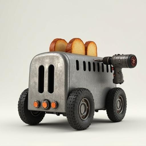 Kitchen toaster with an industrial twist. Body mounted on four wheels for mobility. Electric drill attached on one side. Metallic parts with realistic detailing. Polished metal and plastic finish. Visible buttons and slots. Rugged wheels and trigger on drill. Simple clean background. Realistic style with high detail.