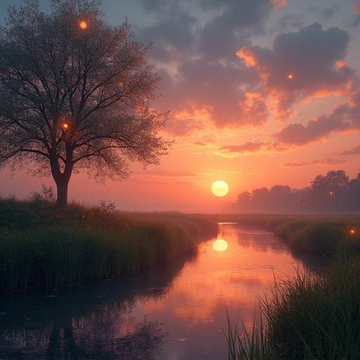 Ethereal sunset with a colorful sky. Grassy area with a tree beside a lovely river. High resolution reflections on water. Glowing fireflies in the distance. Moon visible in the background. Movie-like atmosphere with halation effects.