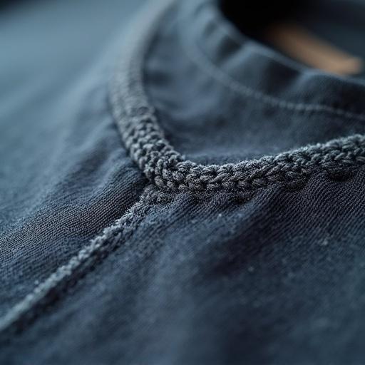 Extreme close-up image showcasing detailed stitching on a black t-shirt fabric. Features studio lighting accentuating texture. Image composed at a 960px width.