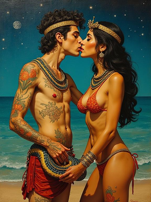 Klimt french kiss 3d painting titled Phallic Snake Antony and tiny bikini Cleopatra Night at the Beach Edition. Couple embraces on the beach. Clear night sky shines over them. Lush colors accentuate skin and jewelry. Intricate details in tattoos and attire.