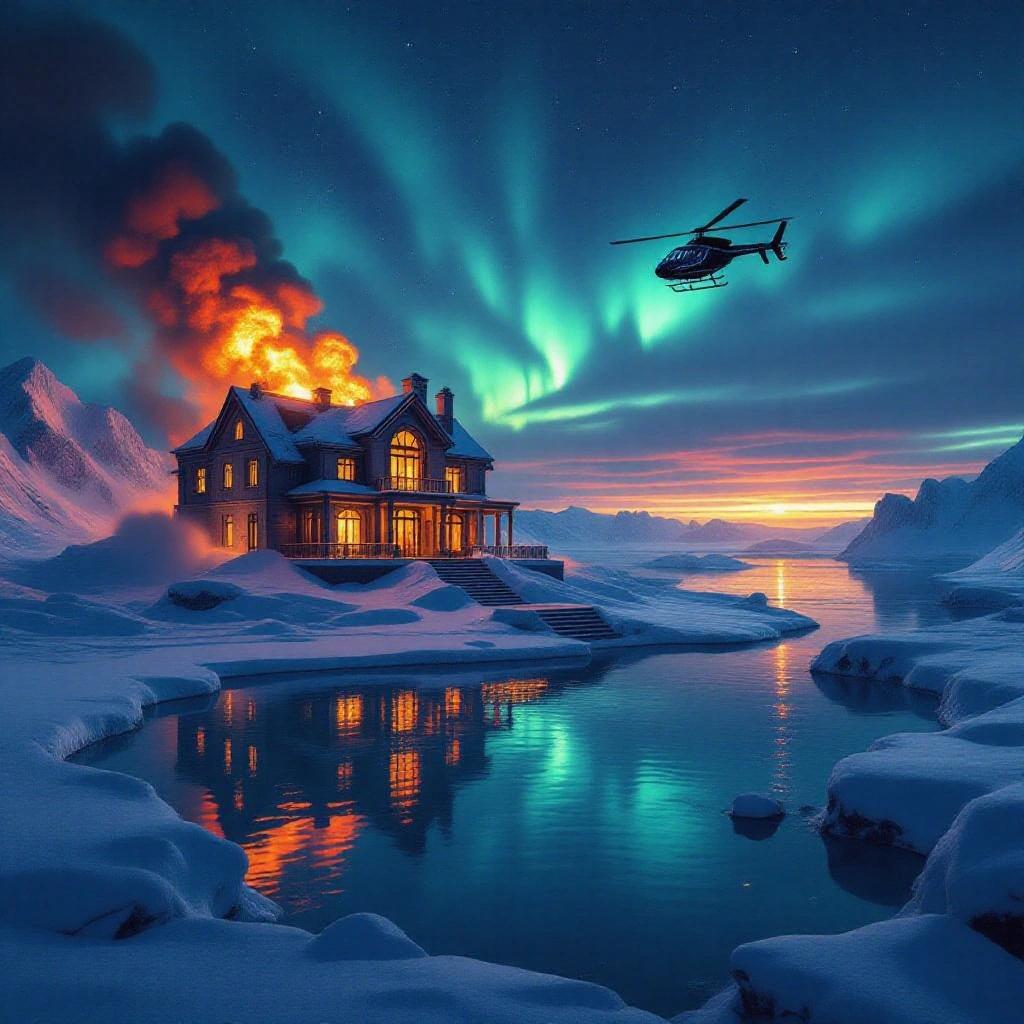 Mansion explodes in the Arctic. Fireballs silhouette icebergs. Helicopter escapes into twilight sky. Infinity pool reflects fire and northern lights. Wide shot with deep layering.