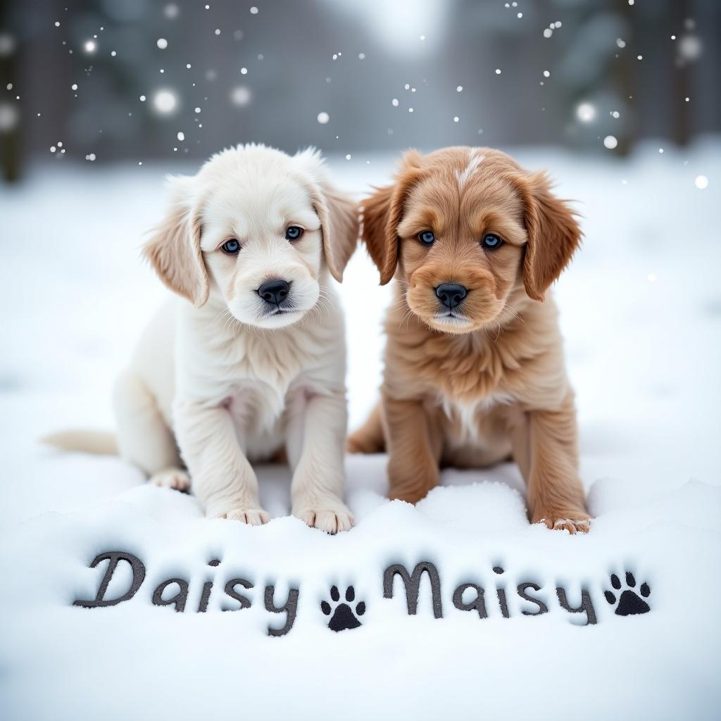 White and ginger Cockapoos playing in snow with names Daisy and Maisy.