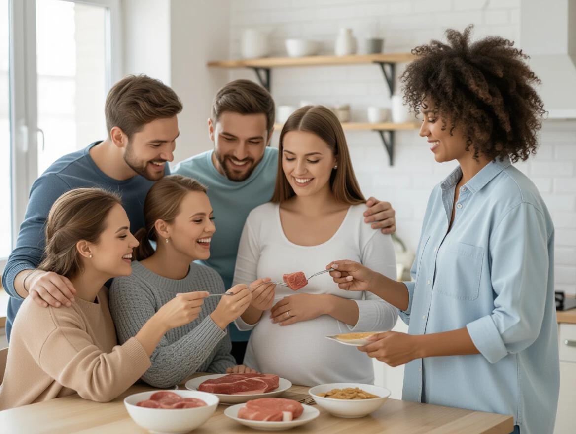 A group of people share meaty foods with a pregnant woman. Friends gather around a table in a kitchen. Various meat dishes on the table. Joyful atmosphere with laughter and sharing. A woman holds food for the expecting mother.