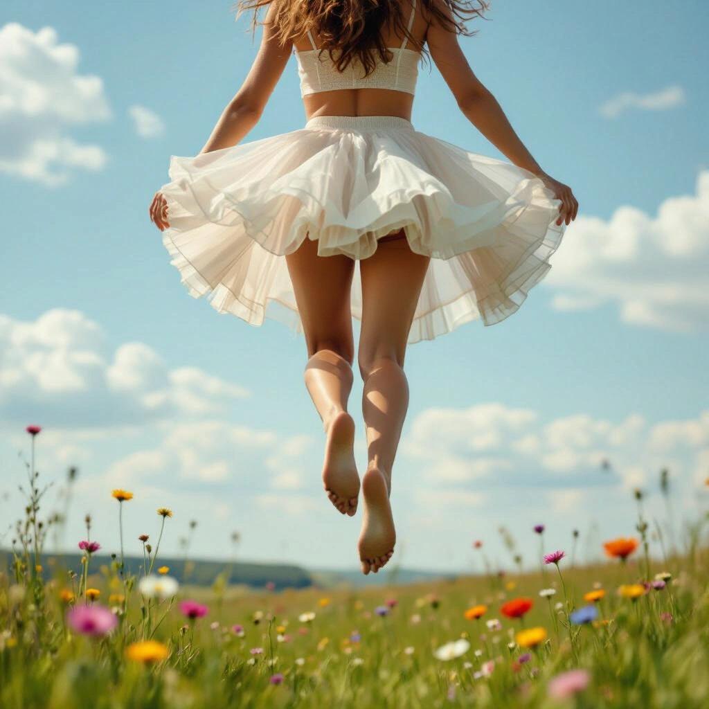 Young woman viewed from behind wearing a translucent frilly miniskirt billowing in the wind floating in the sky above a grassy field with colorful flowers in the distance.