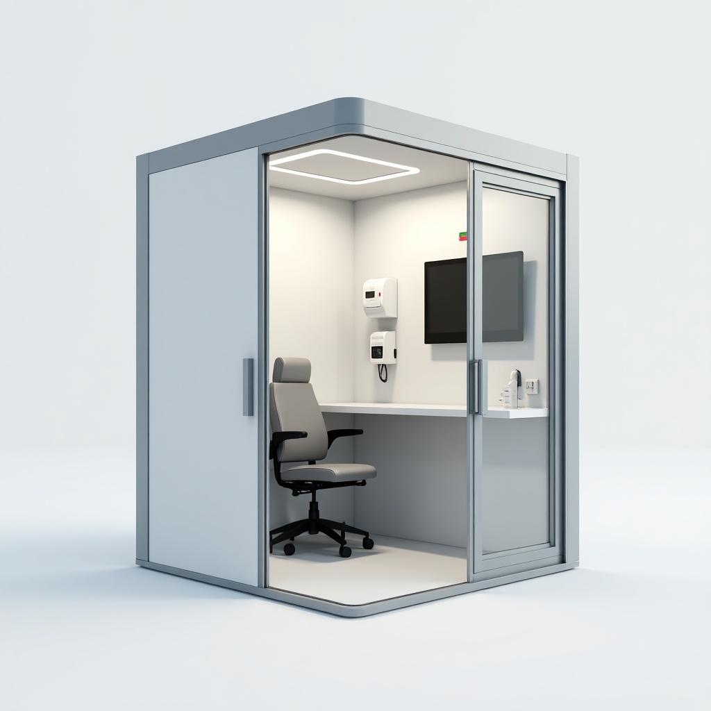 Render 3D of a telemedicine cabin displaying an ergonomic chair, mounted biomedical equipment, integrated monitor and webcam, automatic gel dispenser, and soft lighting.