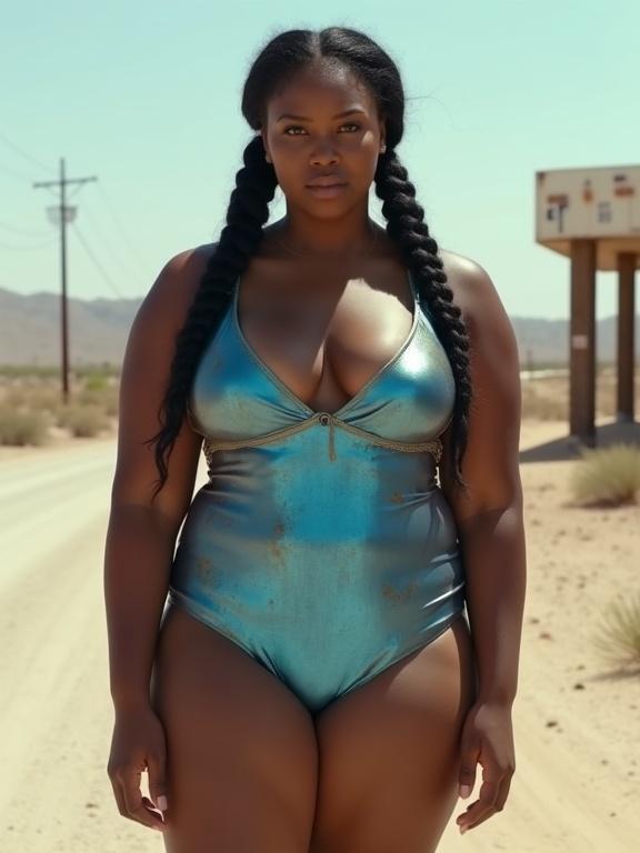 Thick black woman with long dark hair in pigtails. She wears a faded metallic blue one-piece swimsuit. The swimsuit shows heavy wear with frayed seams and stains. She stands head-to-knees facing the camera with empty hands. The background is a dusty desert road with an old gas station. The expression conveys strength and caution.