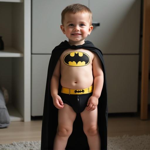 Image features a 2 year old boy wearing a Batman underwear set. The child wears a black cape. The setting is indoors with minimalistic decor. The style is playful and lighthearted.