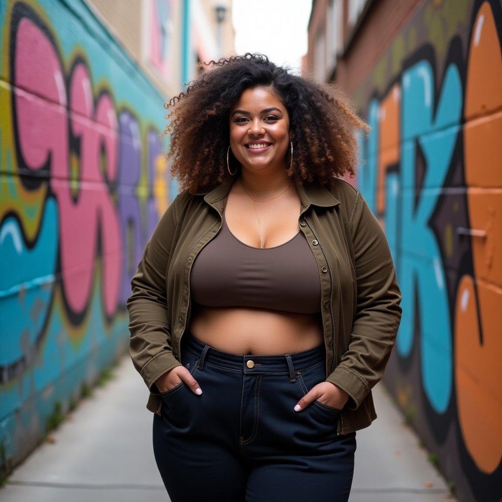 Confidence in a fashionable outfit in an urban setting. Curvy woman standing against colorful graffiti. Big hair, relaxed pose, casual attire. Warm and lively atmosphere.