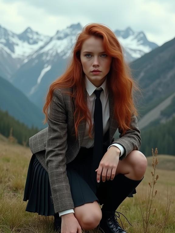 A young woman with long red hair in a plaid blazer and black skirt crouches in a grassy mountain landscape. Snow-capped peaks are visible in the background under a cloudy sky.