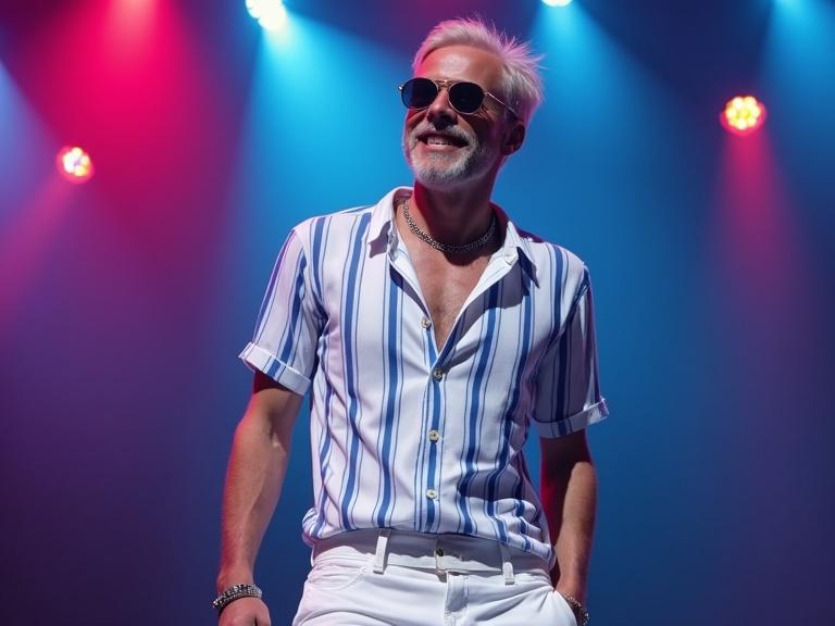 Young charismatic singer performing on stage. Short tousled bleached blond hair, wearing black tinted sunglasses. Confident smile with a light beard. Dressed in a white shirt with blue vertical stripes, white shorts, and sneakers with white socks. Simple silver chain necklace. Relaxed yet slightly muscular posture. Singing passionately under colorful lights.