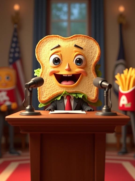 3D cartoon representing a presidential press room. Toasted bread character with lettuce gives a speech at a podium. Surrounding journalists are cartoon fries taking notes. Comedic and colorful.