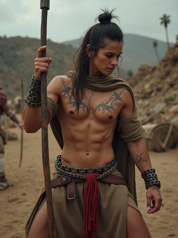 A young woman with athletic build in ancient attire poses with a spear. She has visible tattoos. The background shows a battlefield. The lighting is overcast, capturing her muscular details.