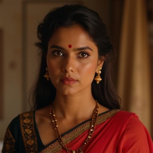 A Bollywood film scene featuring a woman with a concerned expression. She wears traditional Indian attire with intricate jewelry.