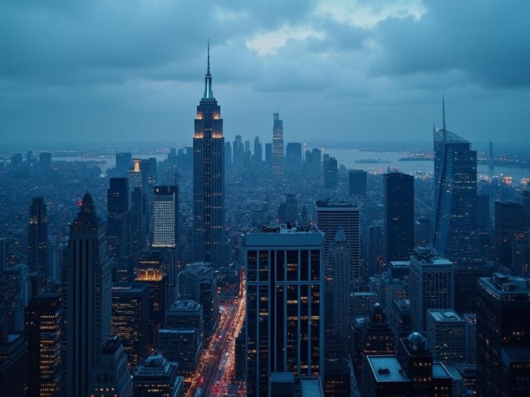 Aerial shot of a city with a dark blue filter. The scene shows a skyline including a prominent building in twilight. Buildings stretch towards the horizon under an overcast sky.
