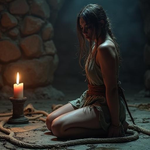 Dimly lit dungeon chamber with a woman in tattered clothing kneeling. Cold stone floor. Hands bound behind her back with rope. Flickering candle casting shadows on bruised shoulders and tear-streaked face. Nearby coiled whip with intricate handle.