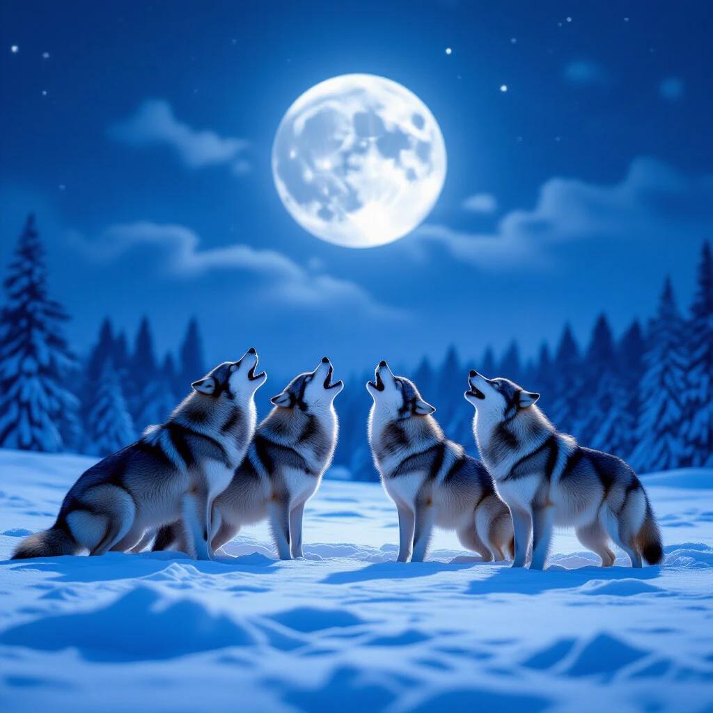 A pack of wolves howls under a full moon. The landscape covered in snow creates a serene atmosphere. The scene is hyper-realistic, with a focus on the wolves and the glowing moonlight.