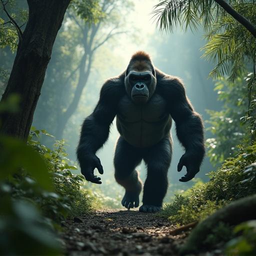 A large gorilla walking towards the camera in a dense forest. Sunlight filters through the trees creating a natural atmosphere.