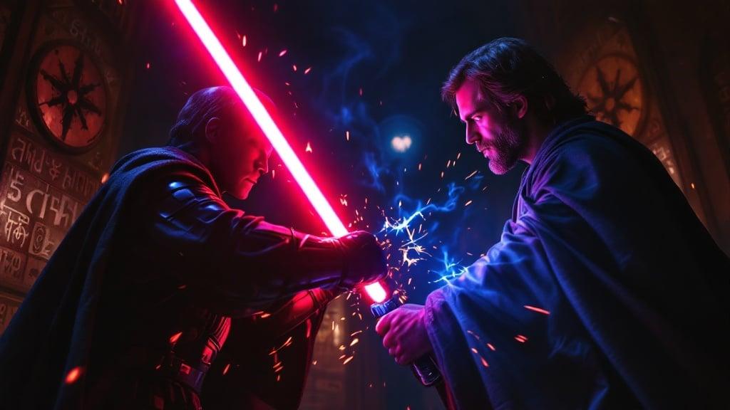 Cinematic close-up of a lightsaber duel. Dark chamber is illuminated by red and blue lightsabers. Walls have ancient Sith runes. Jedi Master has calm intensity. He wields blue lightsaber with precision. Sith Lord attacks with red lightsaber. Sparks fly during their clash. High detail and dramatic lighting.