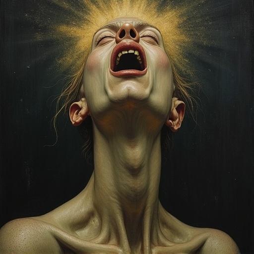 Depiction of a soul crying out into the void. Expression of profound loneliness and sadness. Influenced by Hieronymus Bosch's style.