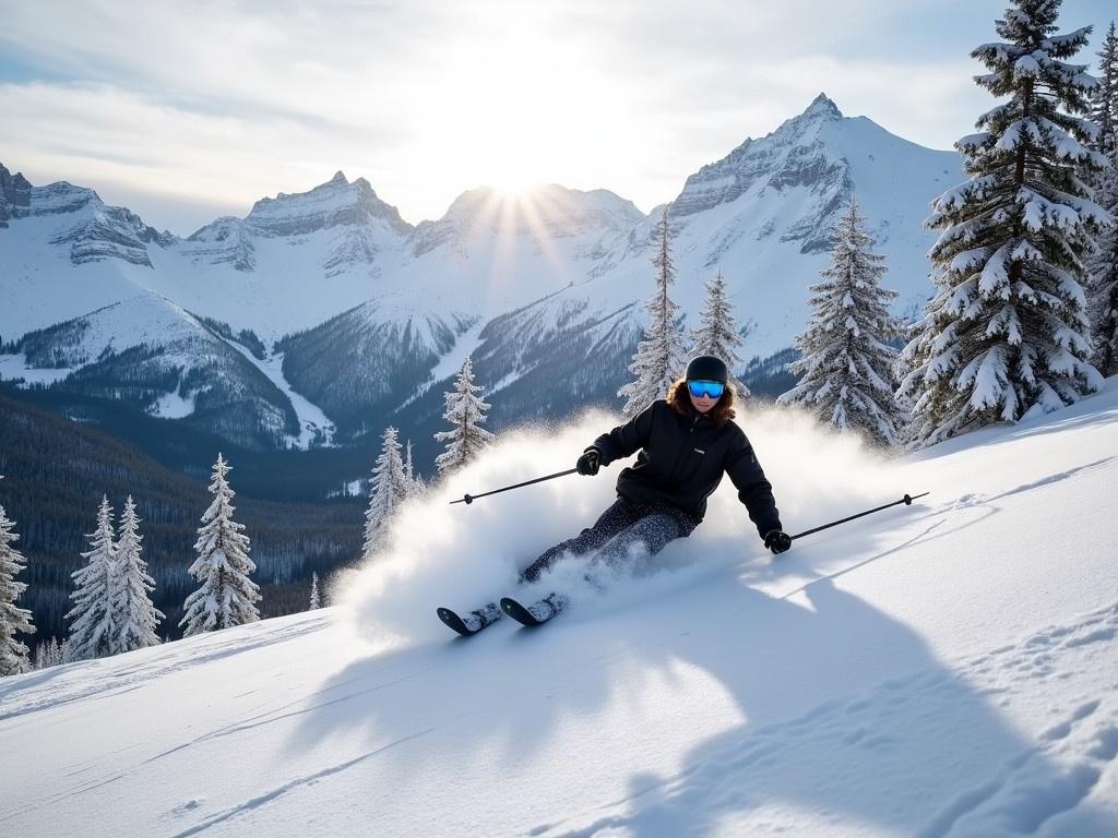 A skier is gracefully descending a pristine snow-covered slope. The skier is wearing a black jacket, making them stand out against the bright white snow. Pines dusted with snow line the pathway, and the majestic mountains serve as a breathtaking backdrop. The sky is partly cloudy, with the sun peeking out, casting warm light across the scene. Snow is billowing up around the skier as they carve down the hill, showcasing their skill and excitement.