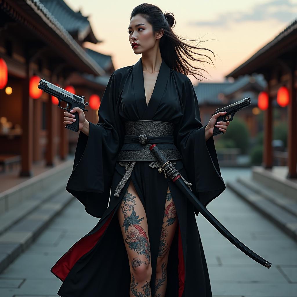 A female samurai stands in a Japanese courtyard. She wears a modern black kimono. The kimono has a high slit revealing tattooed legs. A tailored ronin vest covers her attire. A katana rests at her waist. She holds two modern pistols, pointed outward. The scene captures dusk light and cherry blossom petals. The setting includes wooden buildings and a serene atmosphere.