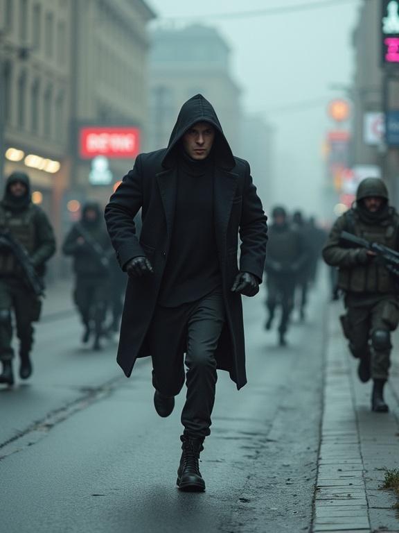 Photorealistic cinematic image of an unarmed assassin running in modern-day Moscow. Soldiers chase him through a foggy urban environment.
