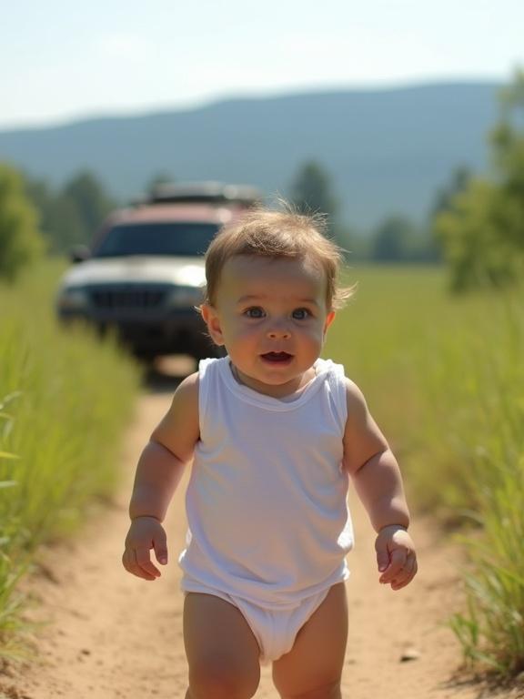 A curious baby walks along a dirt path in a natural landscape. The baby wears a white tank top. An off-road vehicle is in the background. The scene is bright and natural. The image captures exploration and innocence.