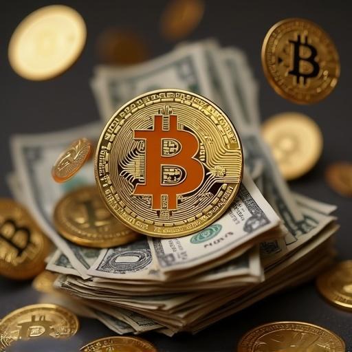 Image of Bitcoin surrounded by dollar bills. Coins are flying around. Price chart shows significant increase.