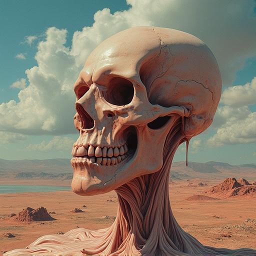 Surreal melting skull in a desert landscape. The skull features exaggerated contours and smooth, flowing textures. Background with hills and clouds creates a dreamy atmosphere.