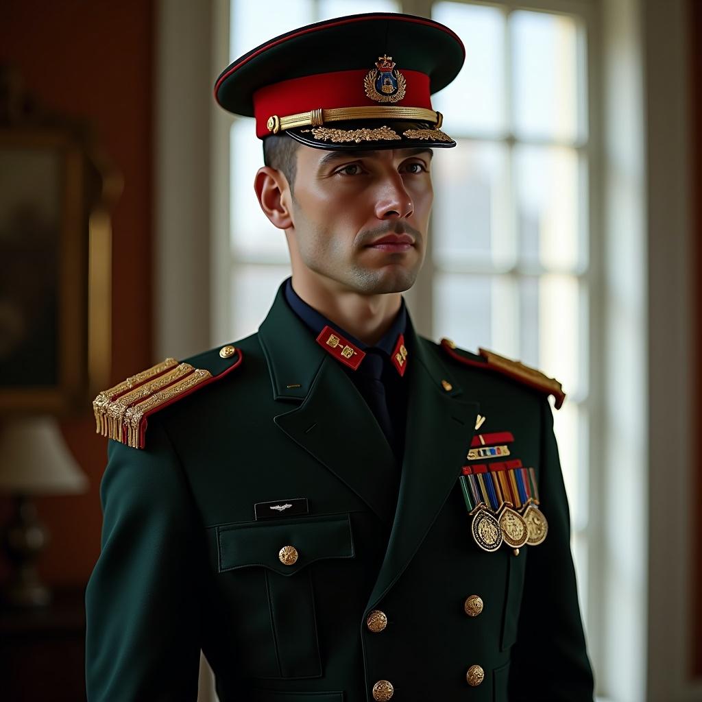 A man stands indoors wearing a military-style uniform in black, green, red, and blue. The cap adds to the authoritative appearance. The background suggests a classic indoor setting with a window emphasizing the image's elegance.