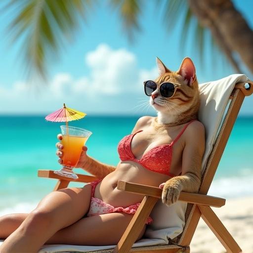 An ultra-realistic photograph showcasing a glamorous anthropomorphic cat. The cat lounges on a luxury beach chair in a designer swimsuit. Oversized sunglasses add to her style. One paw holds a colorful cocktail with a tiny umbrella. The other paw supports her head as she gazes contented at the ocean. The background features turquoise water and palm trees.