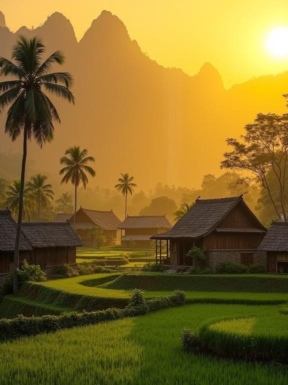 A village scene at sunset. Warm golden light. Wooden houses with thatched roofs. Lush green rice fields. Tall coconut tree. Misty mountains and waterfalls in the background.