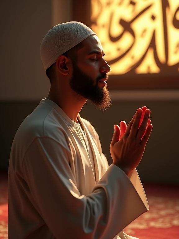 Portrait of a Muslim man in prayer. Close-up view of facial expressions and hand gestures. Eyes closed with devotion. Warm golden light illuminating his face. Hands raised in dua posture. Kneeling on a prayer rug. Soft rays of sunlight filtering through a mosque window with blurred Arabic calligraphy in the background.