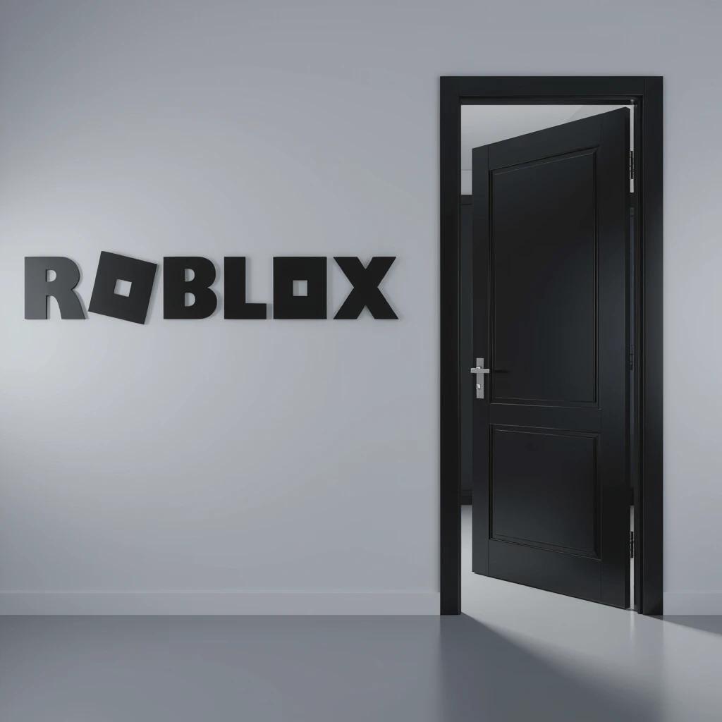 Silver wall features the word 'Roblox' in bold letters. A dark door stands open, inviting exploration. Modern design is evident in the room's simplicity.