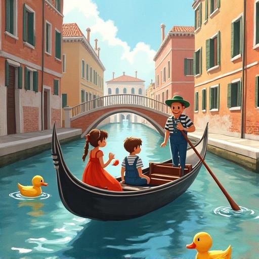 Family enjoys gondola ride in Venice under bridges. Lily counts on her fingers in red dress. Tom waves at ducks in blue overalls. Mom shares apple slice; Dad points at ducks. Gondolier steers the gondola. Three ducks swim nearby. The atmosphere is joyful and peaceful.