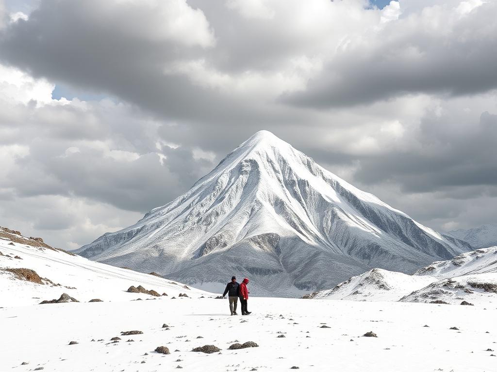 A striking image capturing two people walking across a vast snow-covered landscape, dominated by a towering, perfectly conical mountain in the background. The mountain is blanketed in snow, with dramatic cloud-filled skies casting shadows across the scene, enhancing the sense of scale and isolation.