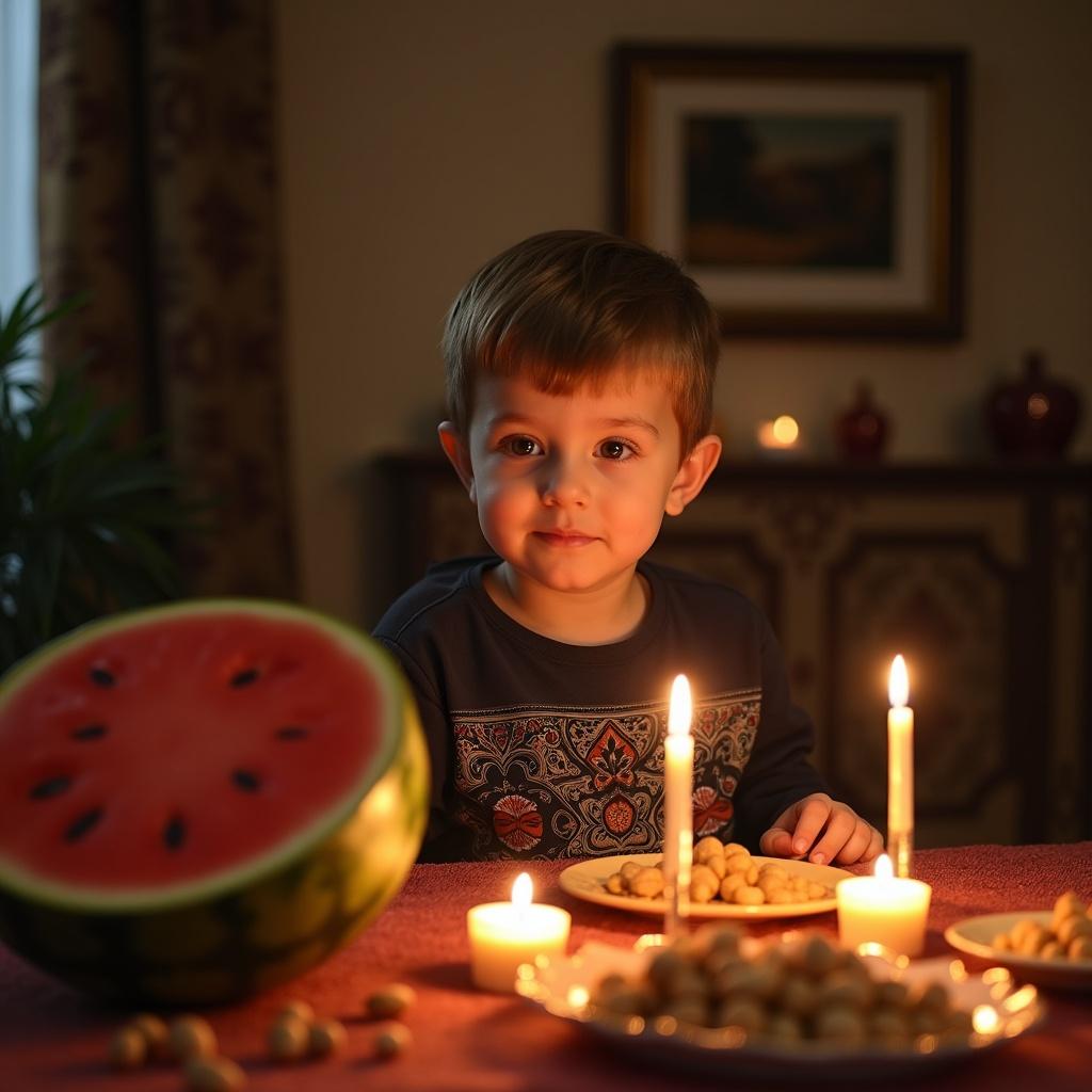 Scene of a family gathering traditional for Yalda Night. Watermelon placed on a table with candles and nuts. Warm ambiance creates a cozy setting.