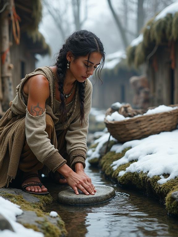 Photorealistic depiction of a young woman in a Bronze Age village washing clothes in a stream. She uses ash soap on a smooth stone slab near an aqueduct. The setting is a cold northern landscape with patches of melting snow. The woman wears layered clothing, has tattoos, and is engaged in traditional practices. Background features include mossy huts and woven baskets.