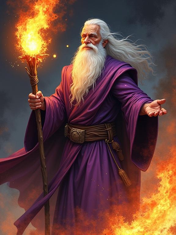 Elder wizard with a long white beard holding a fiery staff in a deep purple robe. Detailed wrinkles on aged skin. Dynamic pose with flowing robe. Energy radiating around him from staff and hands. Intense lighting with dark background. Comic book style with exaggerated features and textures. Powerful presence and wise aura.