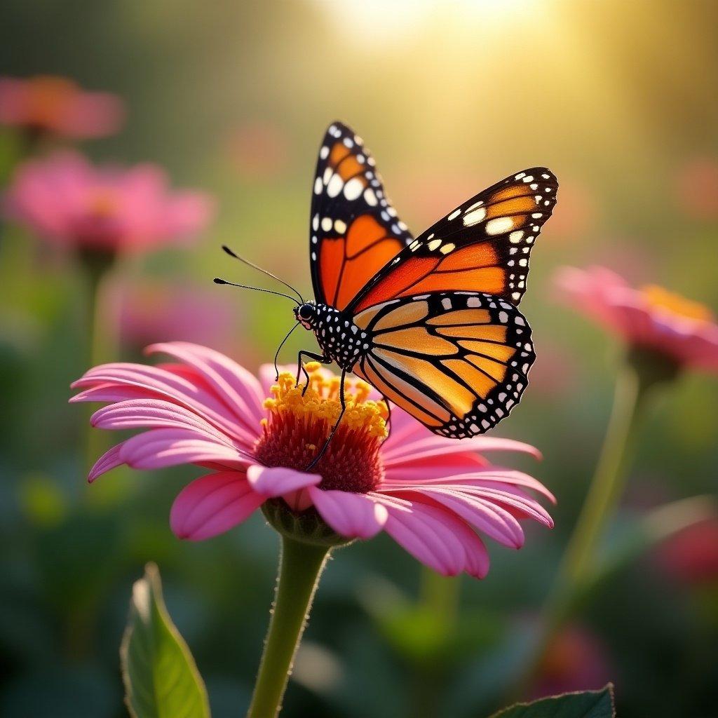 Colorful butterfly perched on pink flower in sunlit garden.