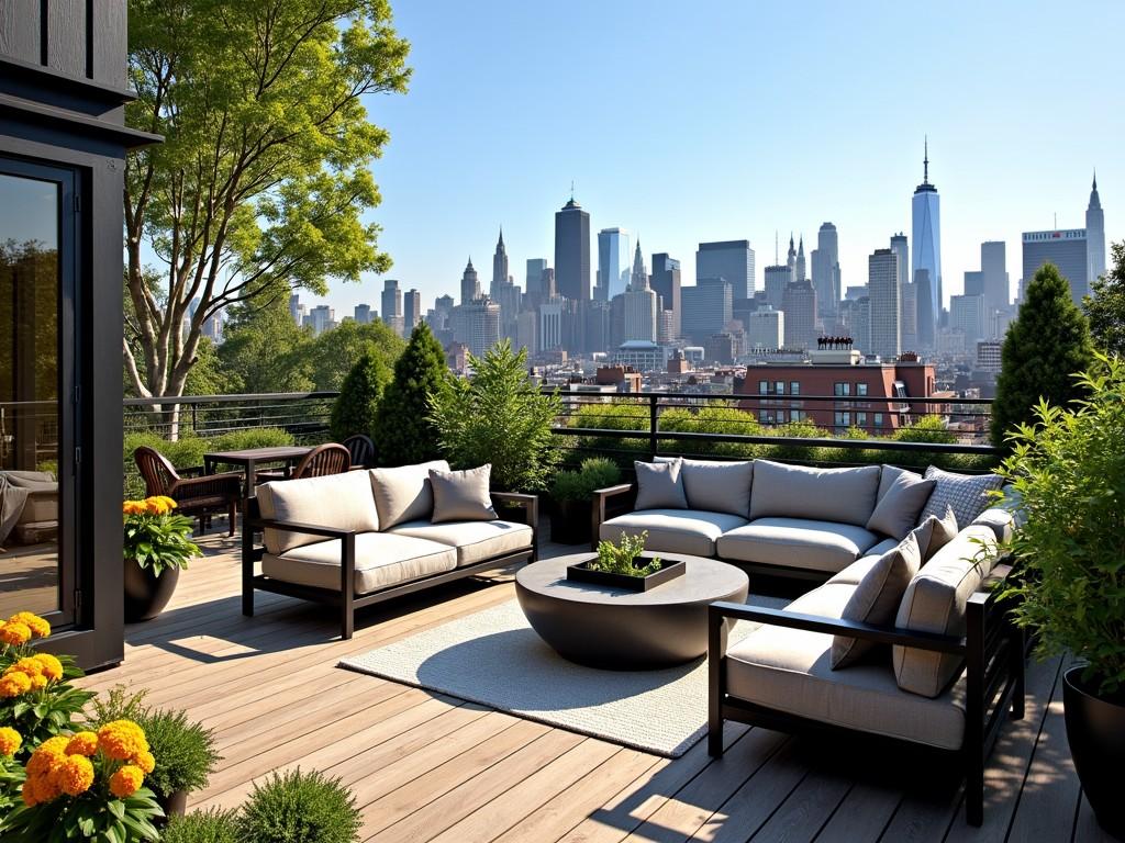 This image captures a luxurious rooftop terrace featuring modern outdoor furniture, with lush greenery surrounding the area. The backdrop is a stunning city skyline under a clear blue sky, creating a serene yet urban environment. The scene combines the calmness of nature with the bustling life of a cityscape, offering an ideal spot for relaxation.