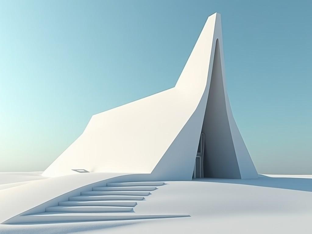 A minimalist architectural structure with a futuristic design, featuring sleek lines and a white facade, against a clear blue sky, emphasizing a modern and abstract aesthetic.