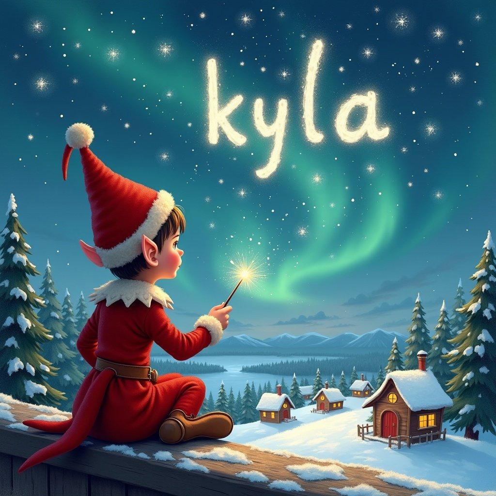 An elf sits on a wooden ledge gazing at a magical sky. Dressed in a red outfit with a pointed hat. The elf holds a sparkling wand. With the wand, the elf writes the name 'kyla' in the starry sky. The scene has a snowy landscape with charming little houses and evergreen trees under Northern Lights. The essence of childhood magic and Christmas cheer is captured. The elf also adds the names 'Natasha' and 'Ada' in the starry sky.