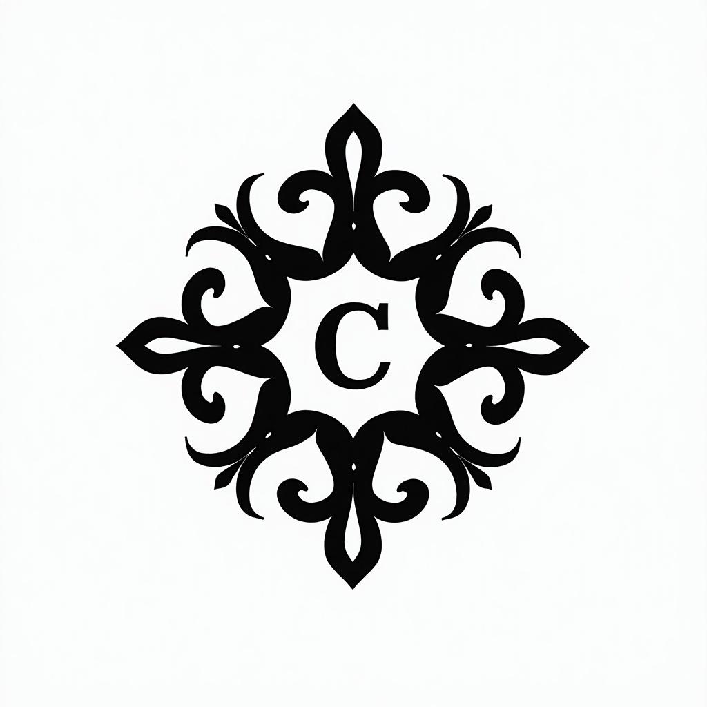 This image features a black and white logo designed for 'Agent C', an AI company. The logo is intricate and symmetrical, highlighting stylized geometric shapes. At the center is the letter 'C', surrounded by detailed shapes that create a visually balanced pattern. The combination of black on a white background emphasizes elegance and modernity. This logo serves as a strong representation for a technology-focused business.