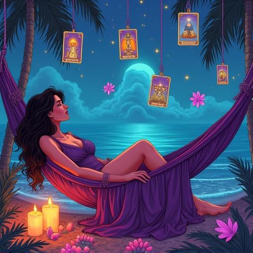 Illustration of a tarot reader in a hammock surrounded by oversized tarot cards. The setting is tropical with candles and crystals. Features a dreamy vaporwave color scheme.